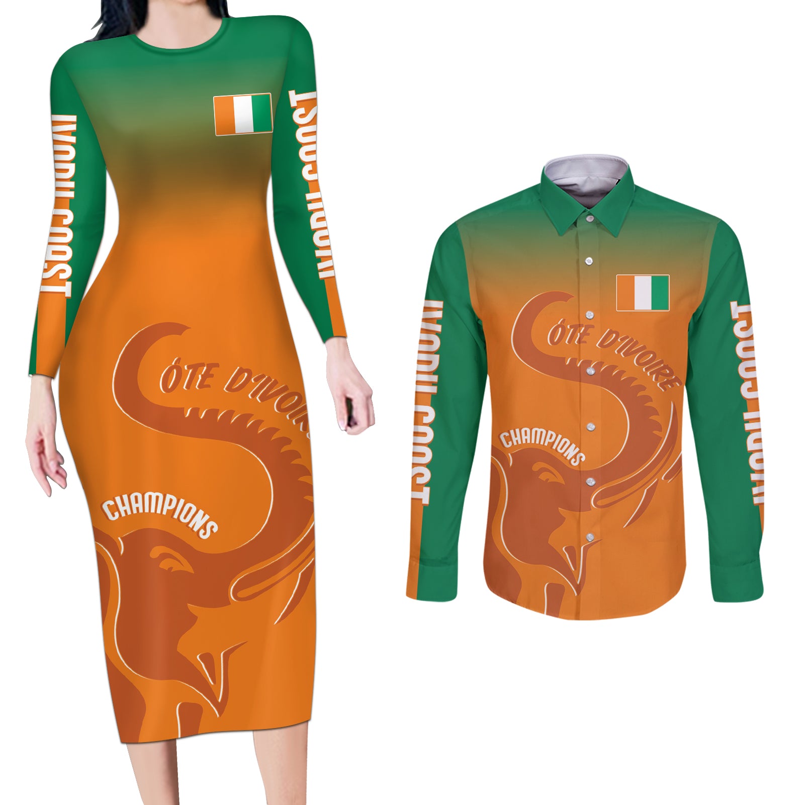Ivory Coast Football Custom Couples Matching Long Sleeve Bodycon Dress and Long Sleeve Button Shirt Ivory Elephants - Basic Style LT7 - Wonder Print Shop