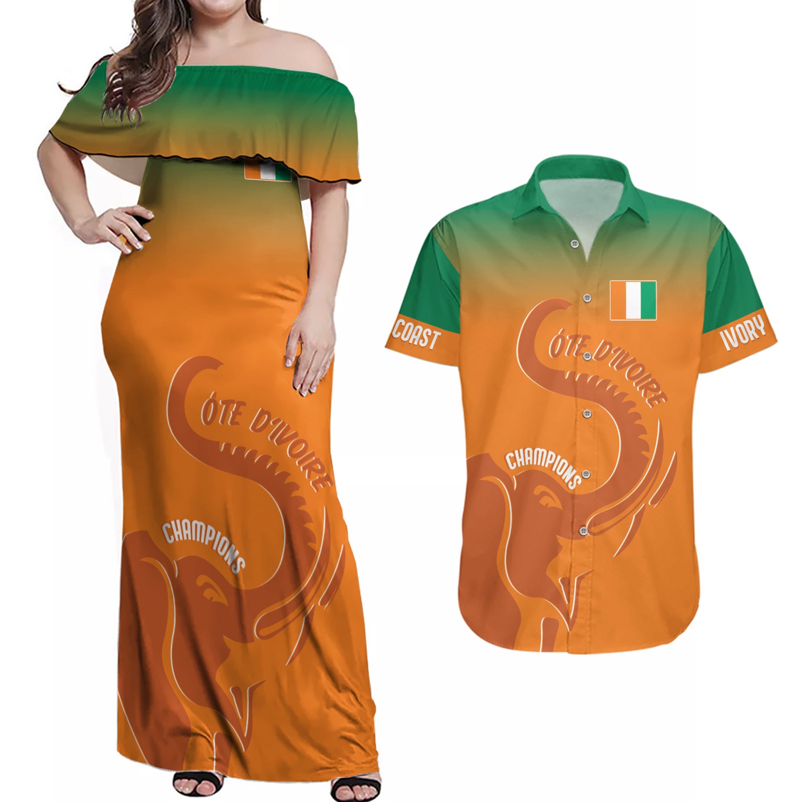 Ivory Coast Football Custom Couples Matching Off Shoulder Maxi Dress and Hawaiian Shirt Ivory Elephants - Basic Style LT7 - Wonder Print Shop