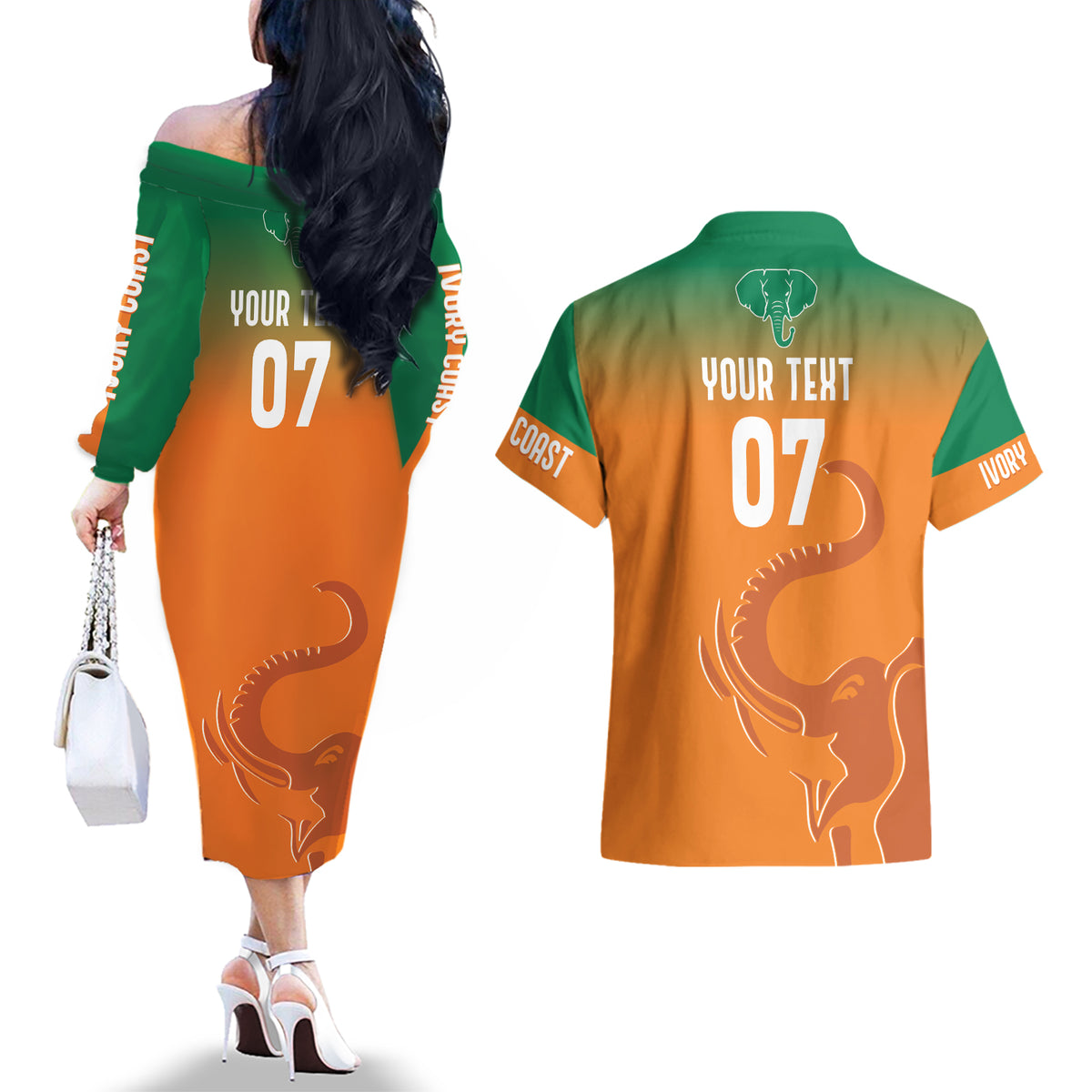 Ivory Coast Football Custom Couples Matching Off The Shoulder Long Sleeve Dress and Hawaiian Shirt Ivory Elephants - Basic Style LT7 - Wonder Print Shop