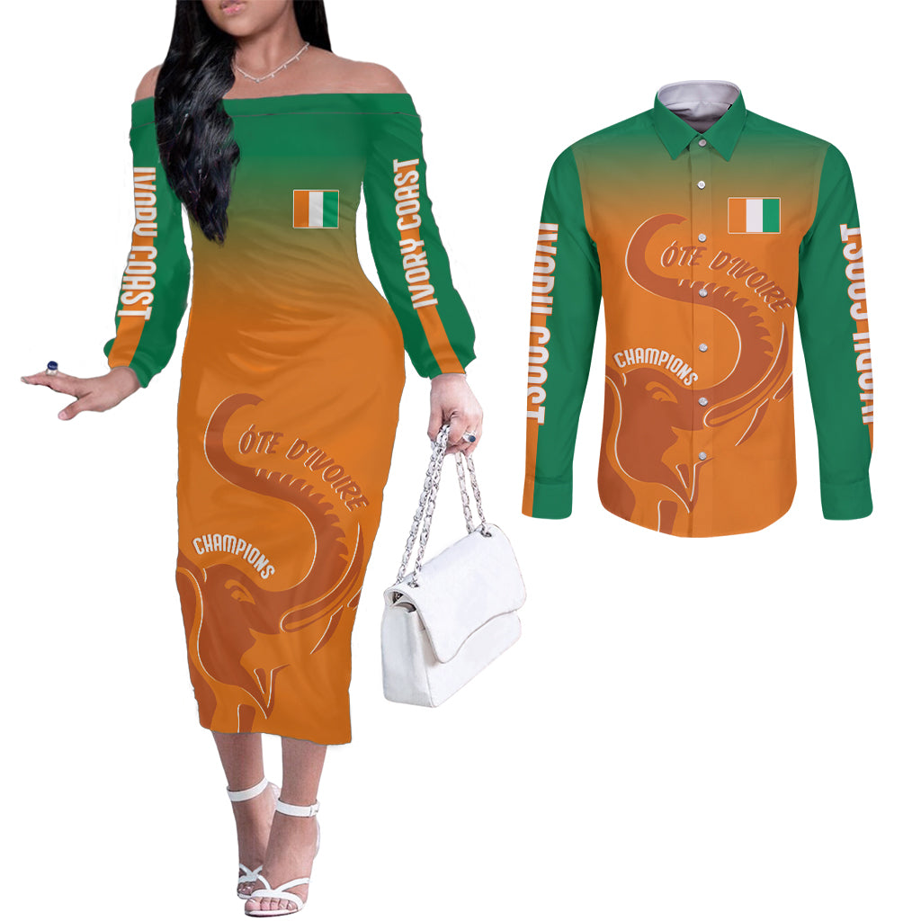 Ivory Coast Football Custom Couples Matching Off The Shoulder Long Sleeve Dress and Long Sleeve Button Shirt Ivory Elephants - Basic Style