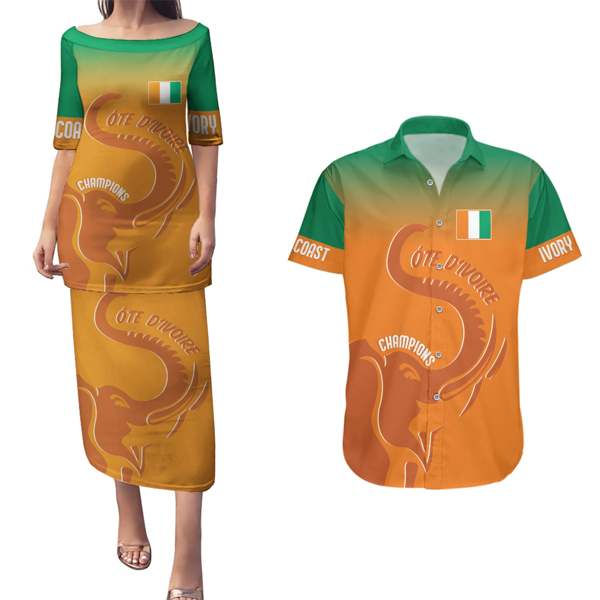 Ivory Coast Football Custom Couples Matching Puletasi and Hawaiian Shirt Ivory Elephants - Basic Style LT7 - Wonder Print Shop