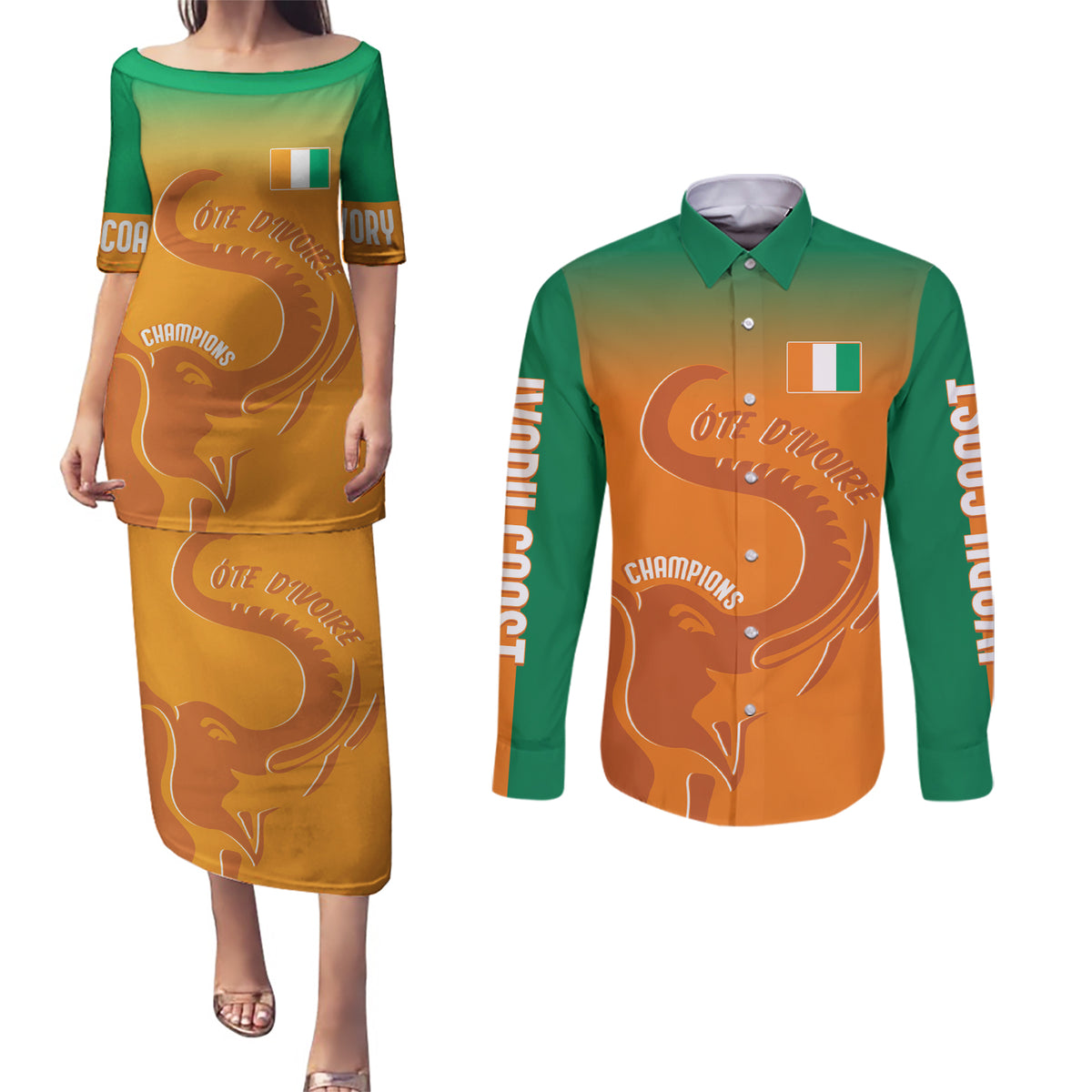 Ivory Coast Football Custom Couples Matching Puletasi and Long Sleeve Button Shirt Ivory Elephants - Basic Style LT7 - Wonder Print Shop