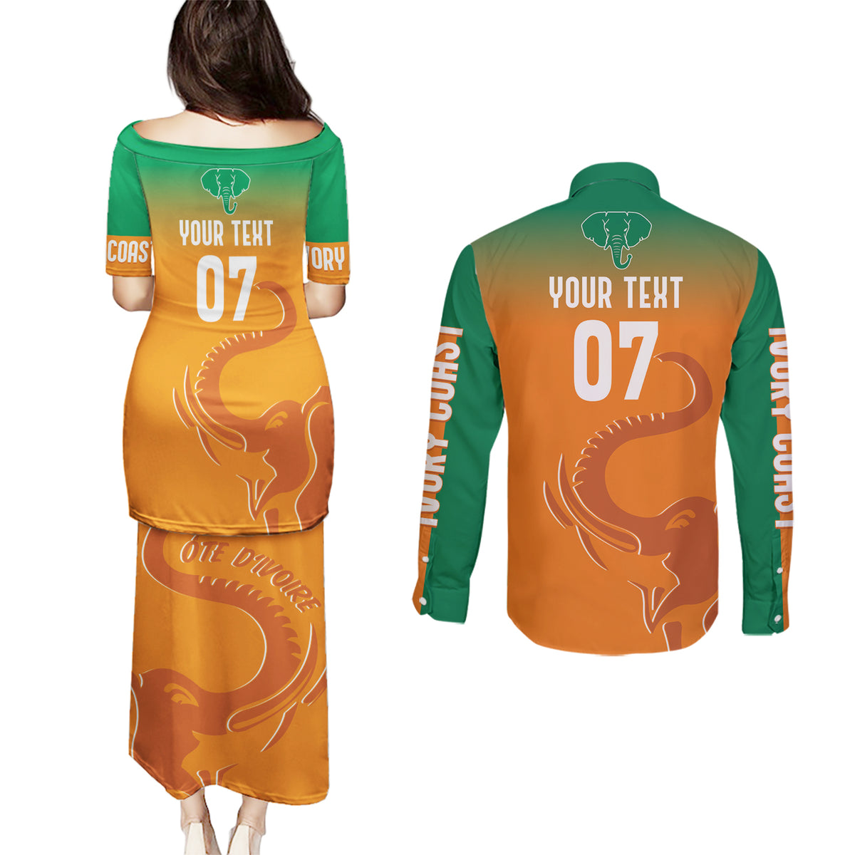 Ivory Coast Football Custom Couples Matching Puletasi and Long Sleeve Button Shirt Ivory Elephants - Basic Style LT7 - Wonder Print Shop