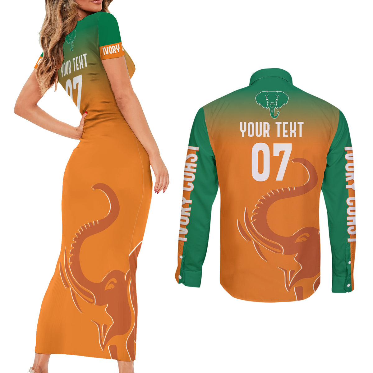 Ivory Coast Football Custom Couples Matching Short Sleeve Bodycon Dress and Long Sleeve Button Shirt Ivory Elephants - Basic Style LT7 - Wonder Print Shop
