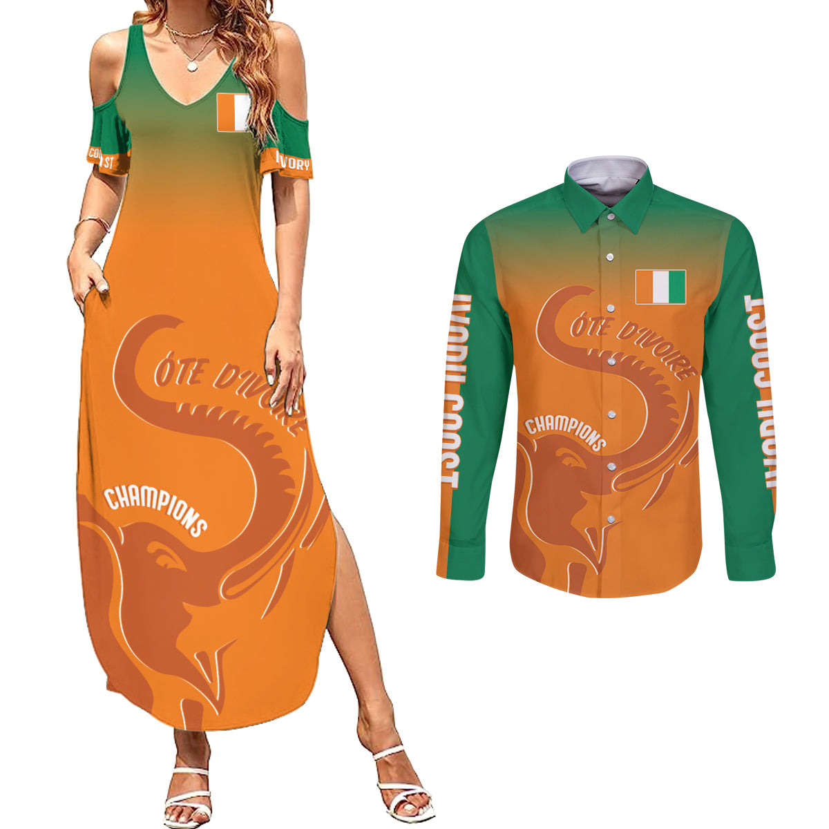 Ivory Coast Football Custom Couples Matching Summer Maxi Dress and Long Sleeve Button Shirt Ivory Elephants - Basic Style LT7 - Wonder Print Shop