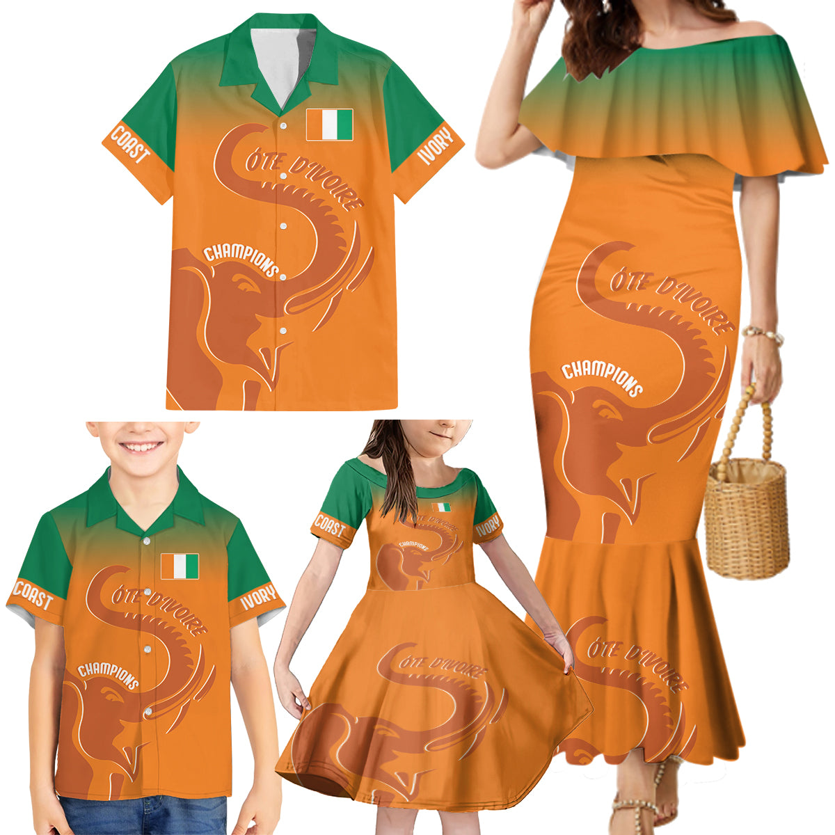 Ivory Coast Football Custom Family Matching Mermaid Dress and Hawaiian Shirt Ivory Elephants - Basic Style LT7 - Wonder Print Shop