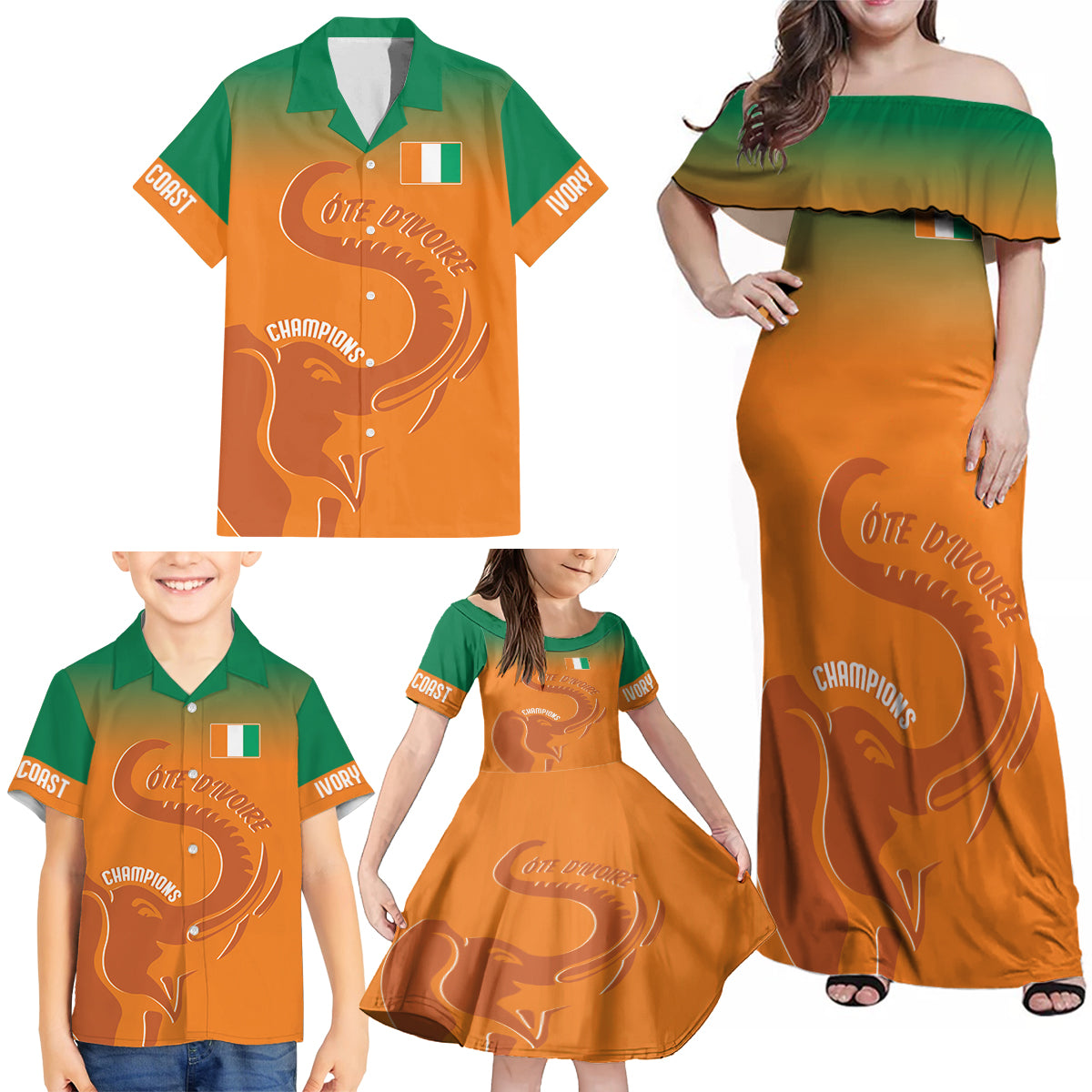 Ivory Coast Football Custom Family Matching Off Shoulder Maxi Dress and Hawaiian Shirt Ivory Elephants - Basic Style LT7 - Wonder Print Shop