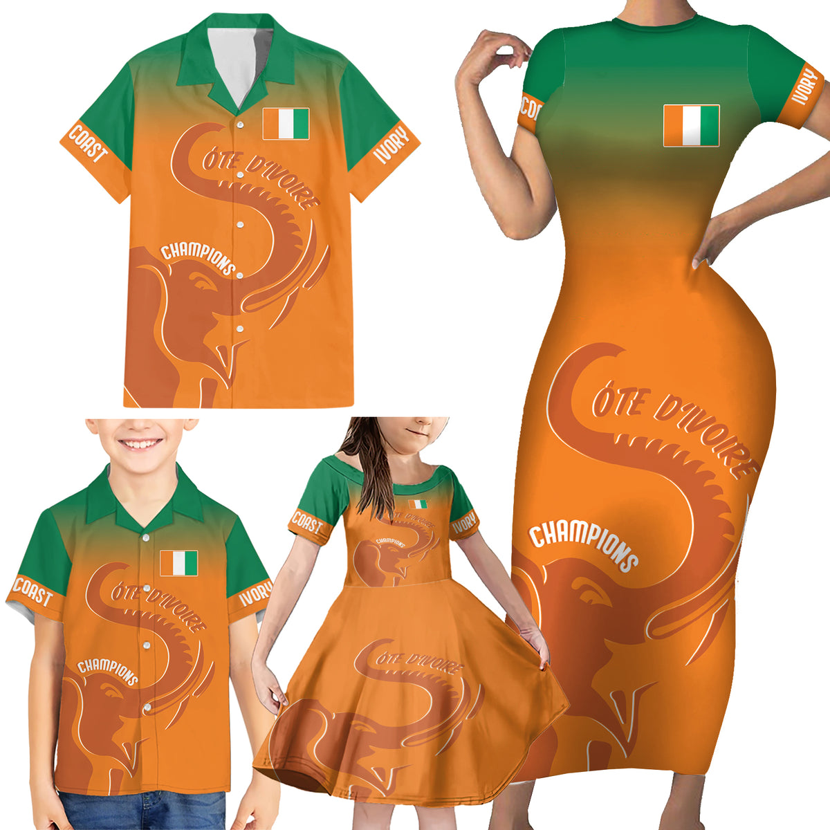 Ivory Coast Football Custom Family Matching Short Sleeve Bodycon Dress and Hawaiian Shirt Ivory Elephants - Basic Style - Wonder Print Shop