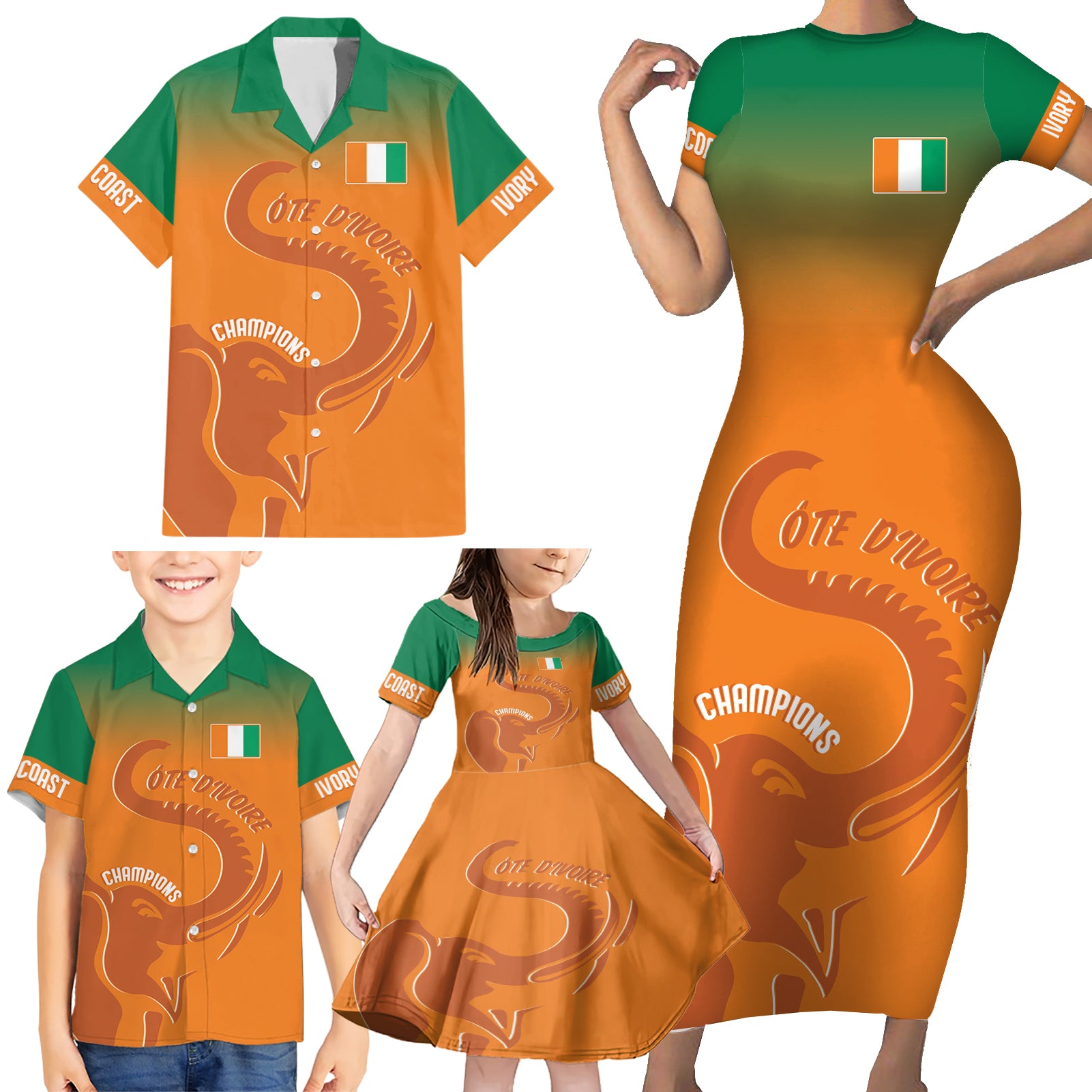 Ivory Coast Football Custom Family Matching Short Sleeve Bodycon Dress and Hawaiian Shirt Ivory Elephants - Basic Style - Wonder Print Shop