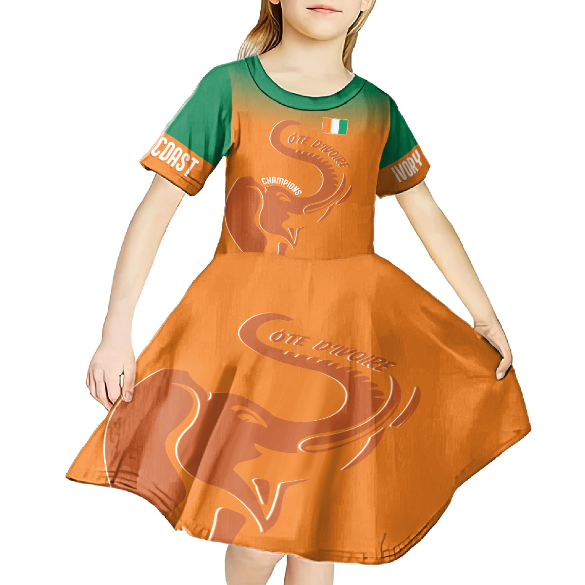 Ivory Coast Football Custom Kid Short Sleeve Dress Ivory Elephants - Basic Style - Wonder Print Shop