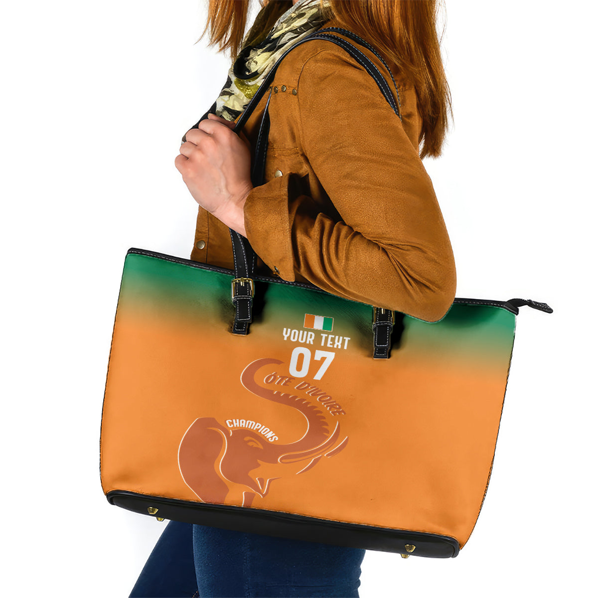 Ivory Coast Football Custom Leather Tote Bag Ivory Elephants - Basic Style - Wonder Print Shop