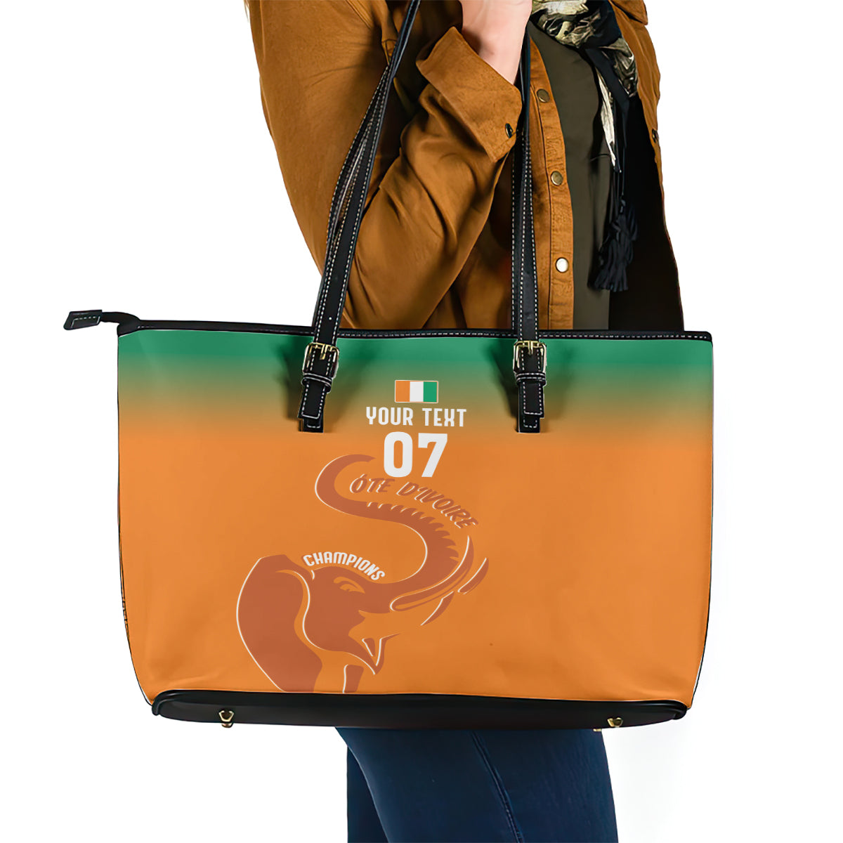 Ivory Coast Football Custom Leather Tote Bag Ivory Elephants - Basic Style - Wonder Print Shop
