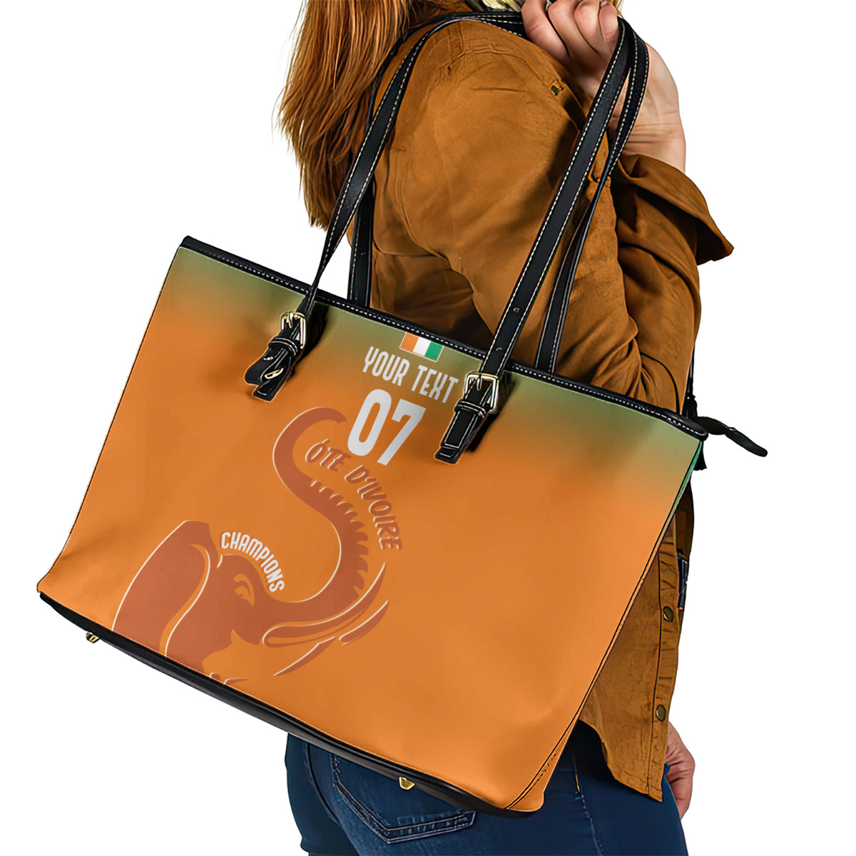 Ivory Coast Football Custom Leather Tote Bag Ivory Elephants - Basic Style - Wonder Print Shop