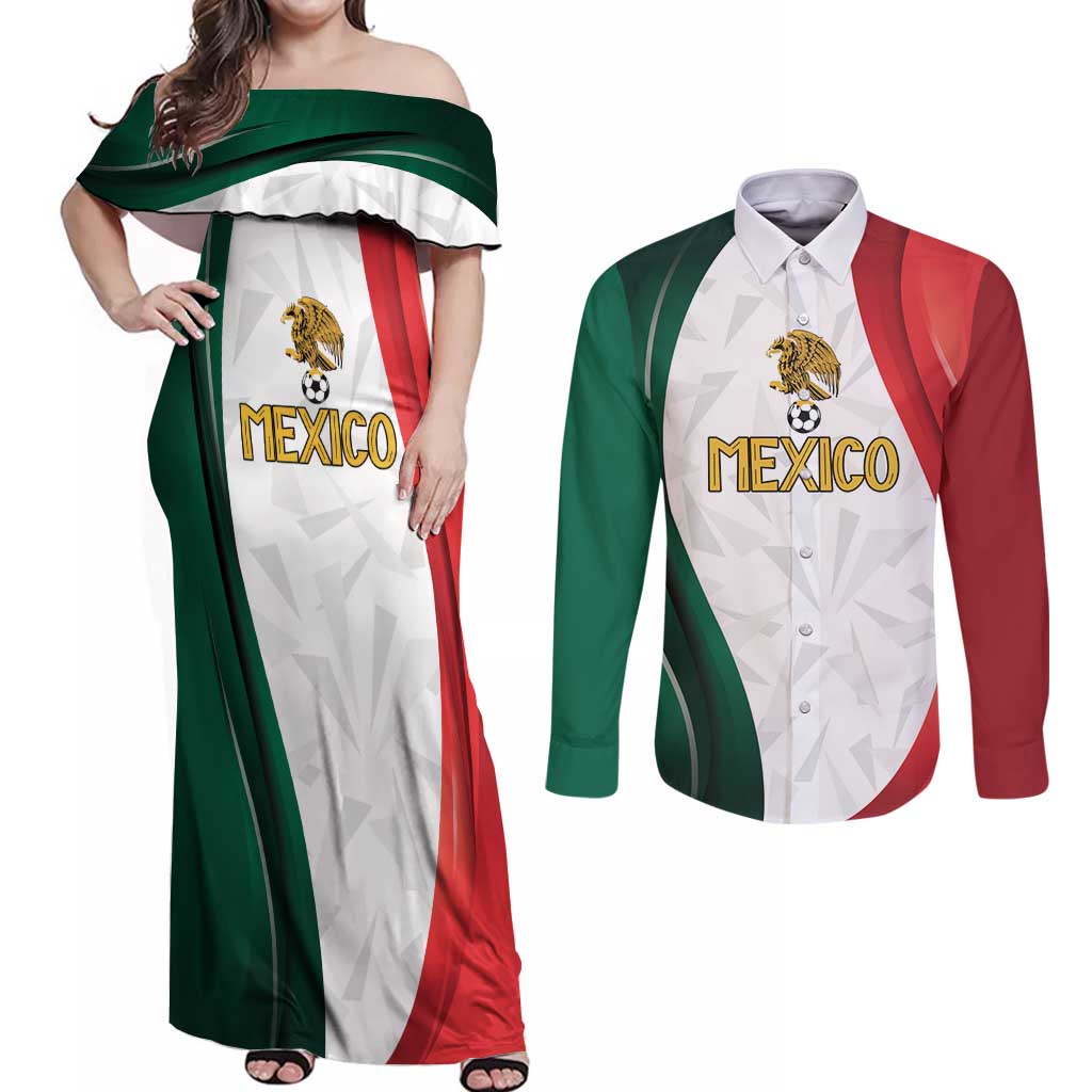 Custom Mexico Football Couples Matching Off Shoulder Maxi Dress and Long Sleeve Button Shirt El Tricolor Viva Champions