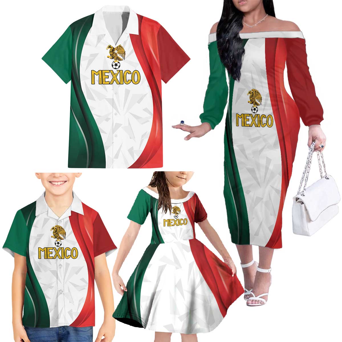 Custom Mexico Football Family Matching Off The Shoulder Long Sleeve Dress and Hawaiian Shirt El Tricolor Viva Champions