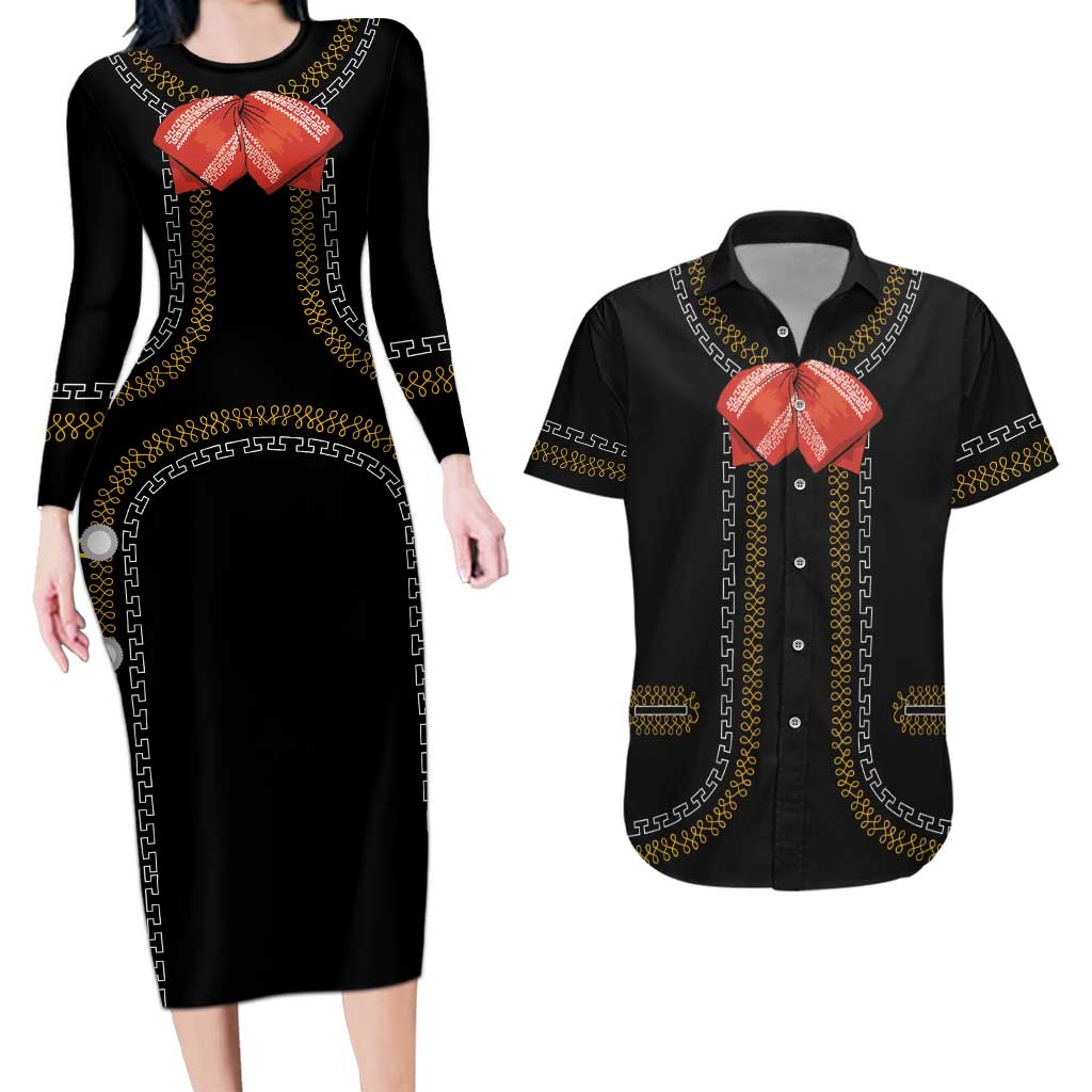 Mexico Mariachi Charro Costume Inpsired Couples Matching Long Sleeve Bodycon Dress and Hawaiian Shirt