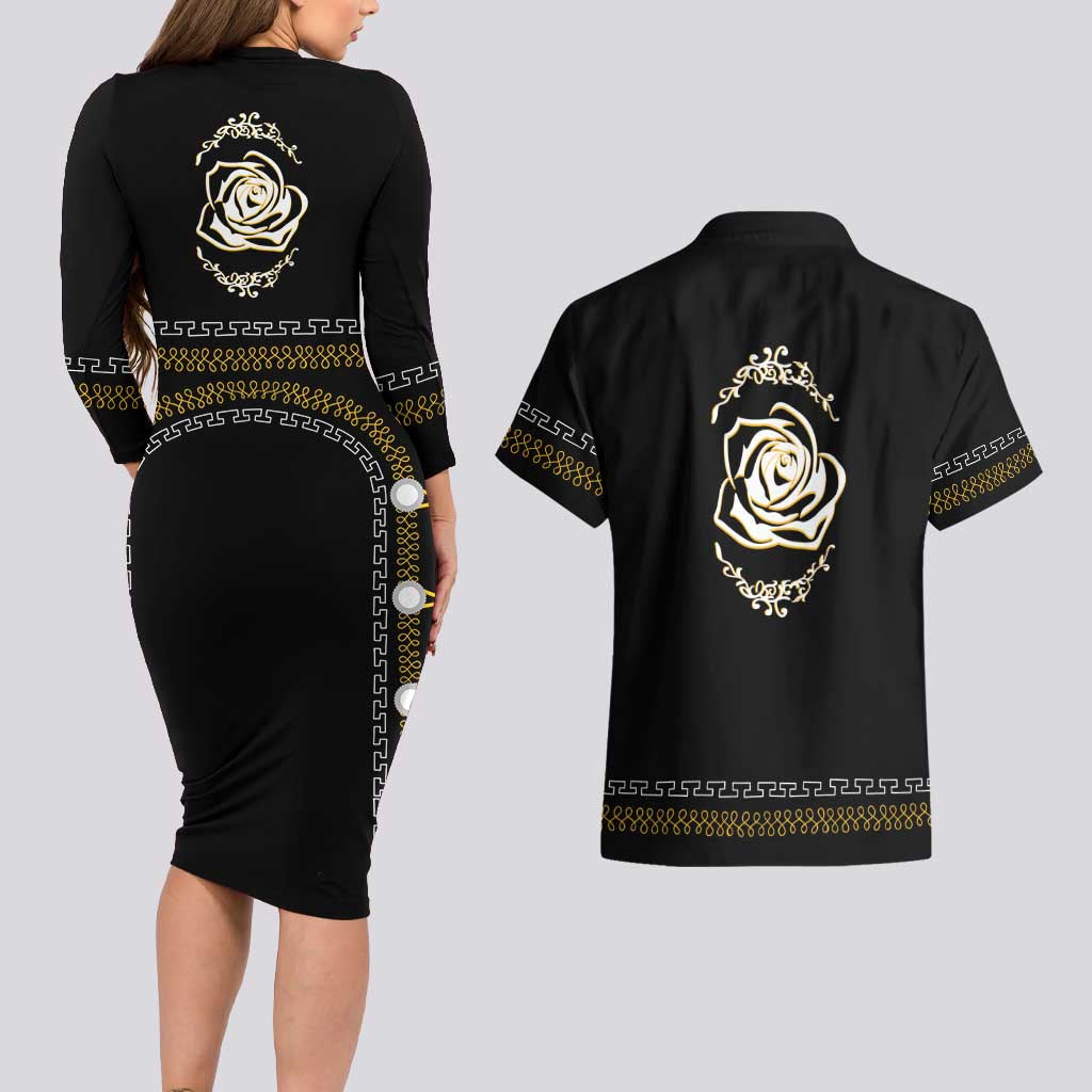 Mexico Mariachi Charro Costume Inpsired Couples Matching Long Sleeve Bodycon Dress and Hawaiian Shirt