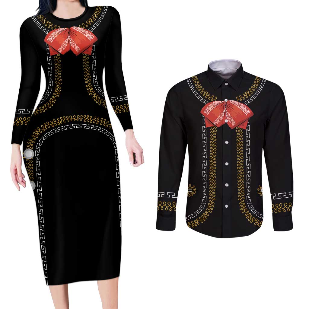 Mexico Mariachi Charro Costume Inpsired Couples Matching Long Sleeve Bodycon Dress and Long Sleeve Button Shirt