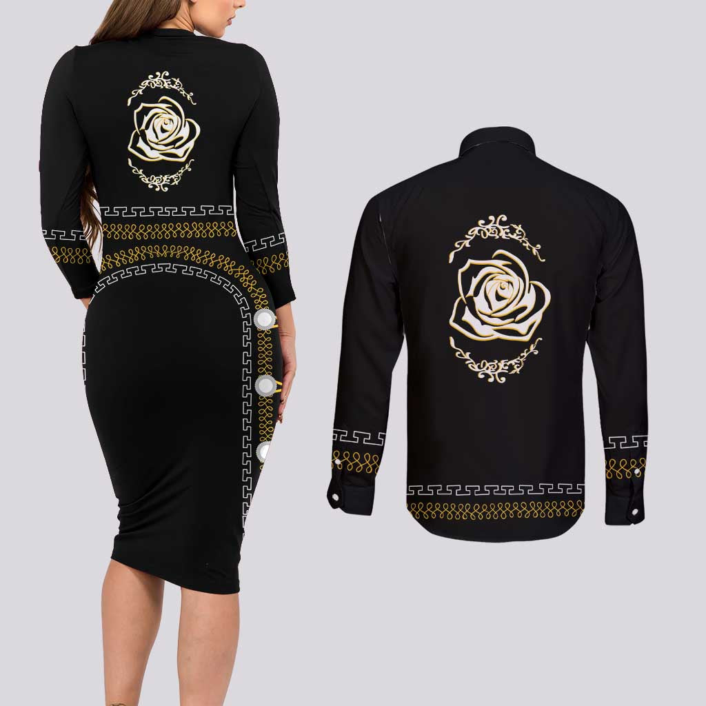 Mexico Mariachi Charro Costume Inpsired Couples Matching Long Sleeve Bodycon Dress and Long Sleeve Button Shirt