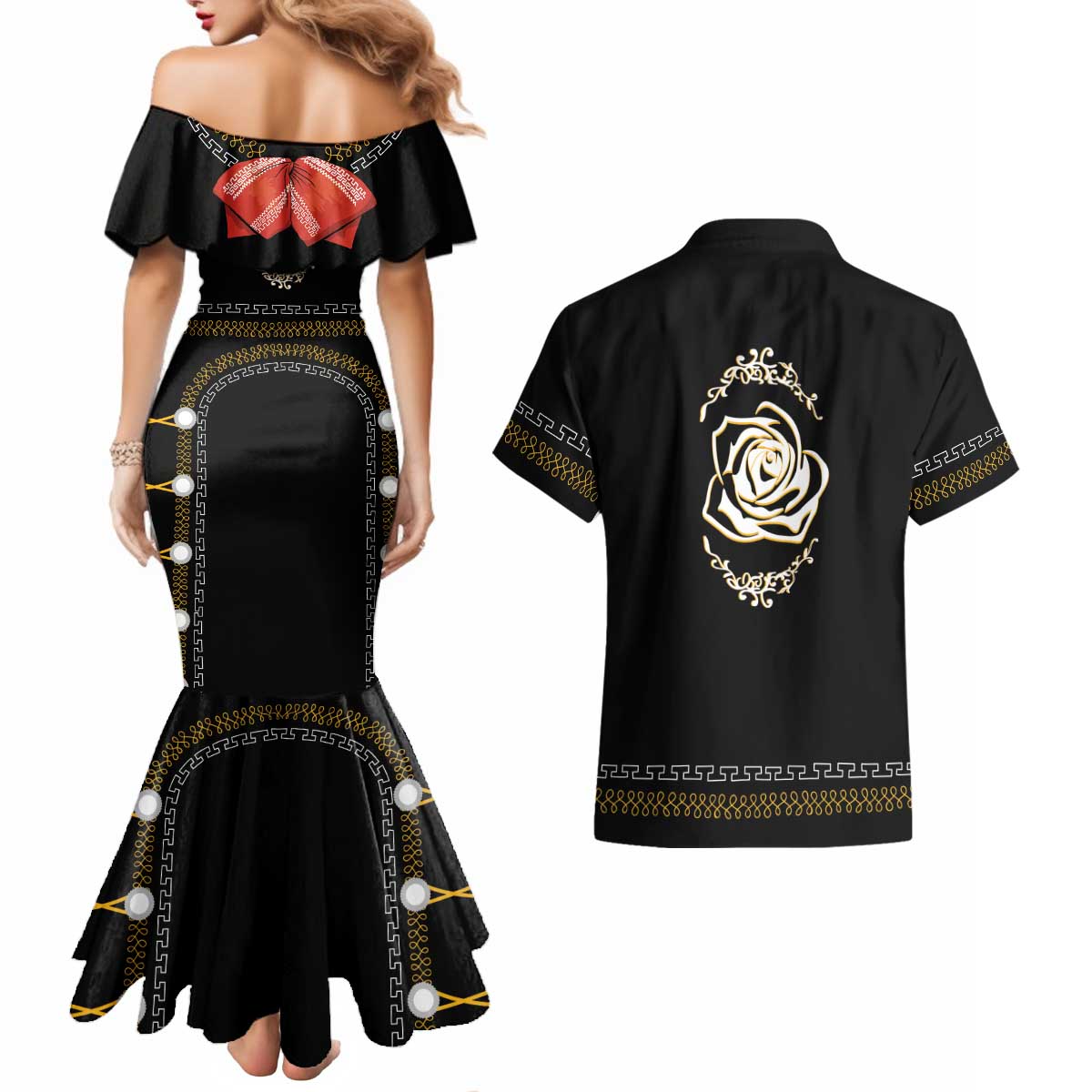 Mexico Mariachi Charro Costume Inpsired Couples Matching Mermaid Dress and Hawaiian Shirt
