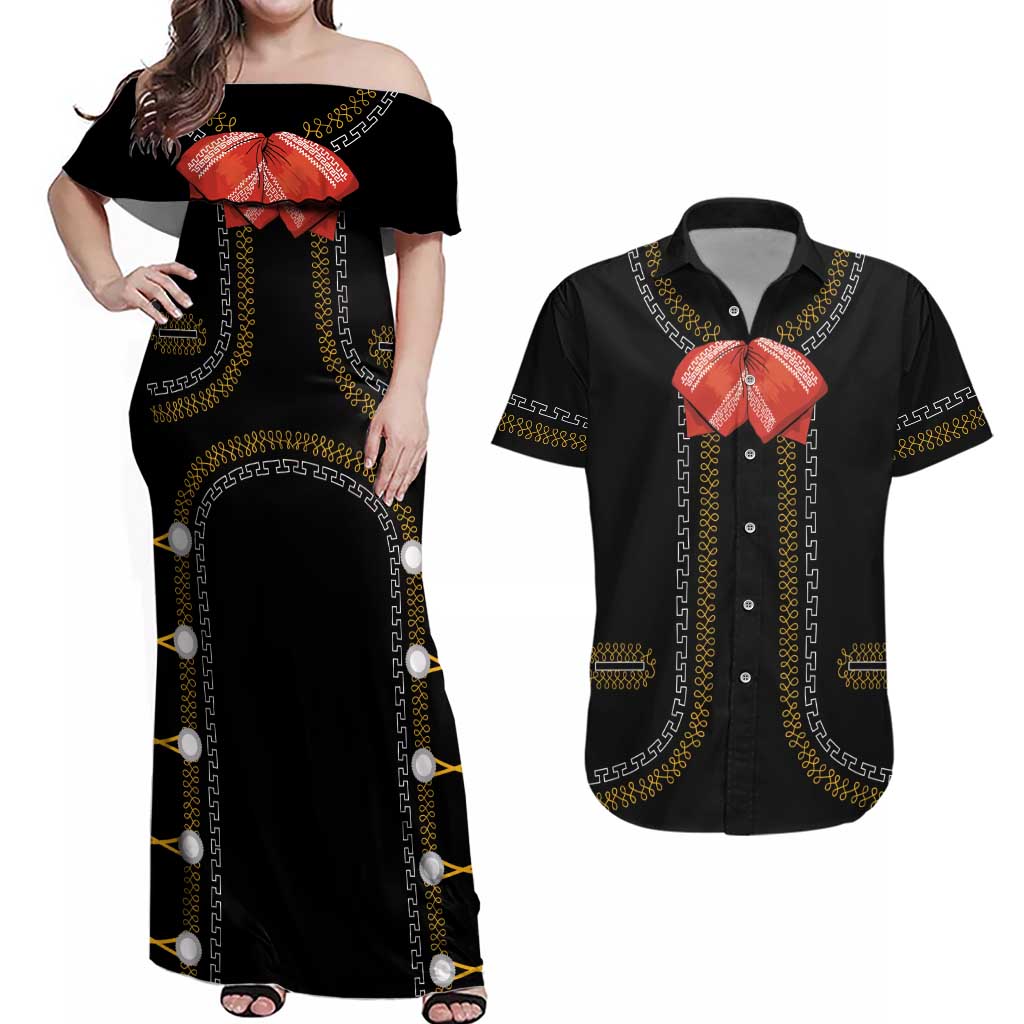 Mexico Mariachi Charro Costume Inpsired Couples Matching Off Shoulder Maxi Dress and Hawaiian Shirt