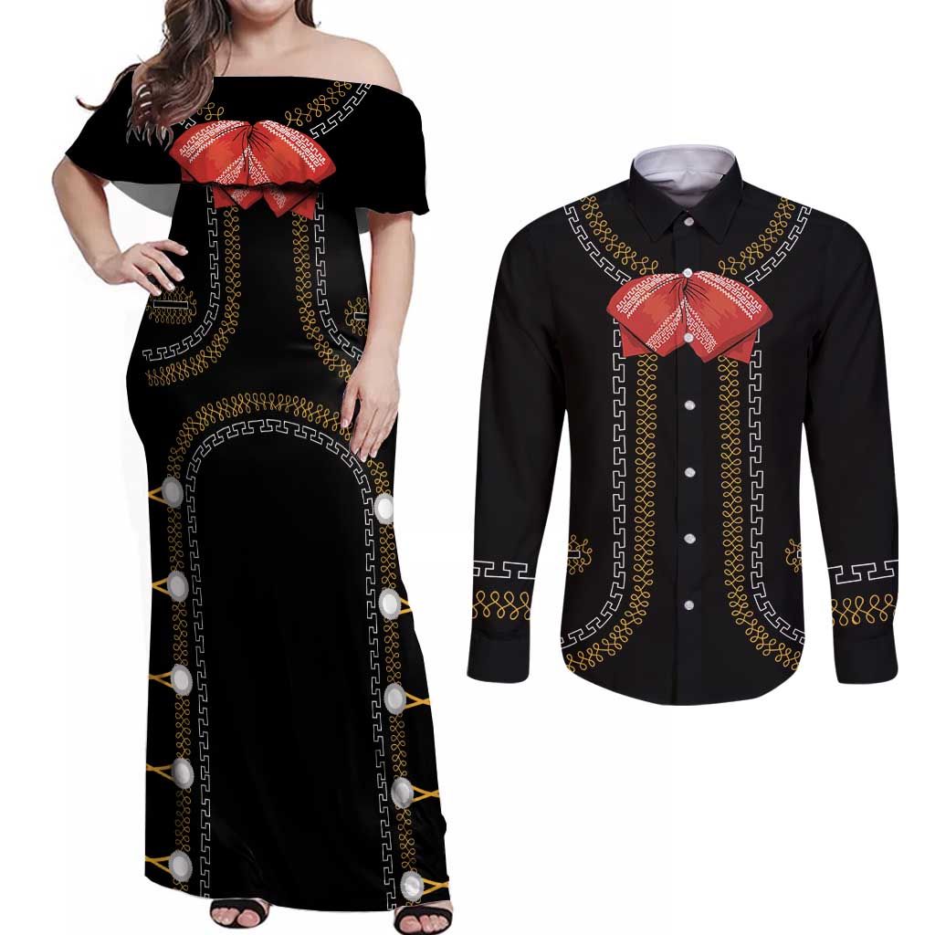Mexico Mariachi Charro Costume Inpsired Couples Matching Off Shoulder Maxi Dress and Long Sleeve Button Shirt