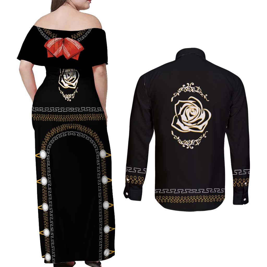 Mexico Mariachi Charro Costume Inpsired Couples Matching Off Shoulder Maxi Dress and Long Sleeve Button Shirt