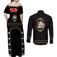 Mexico Mariachi Charro Costume Inpsired Couples Matching Off Shoulder Maxi Dress and Long Sleeve Button Shirt