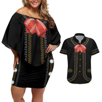 Mexico Mariachi Charro Costume Inpsired Couples Matching Off Shoulder Short Dress and Hawaiian Shirt