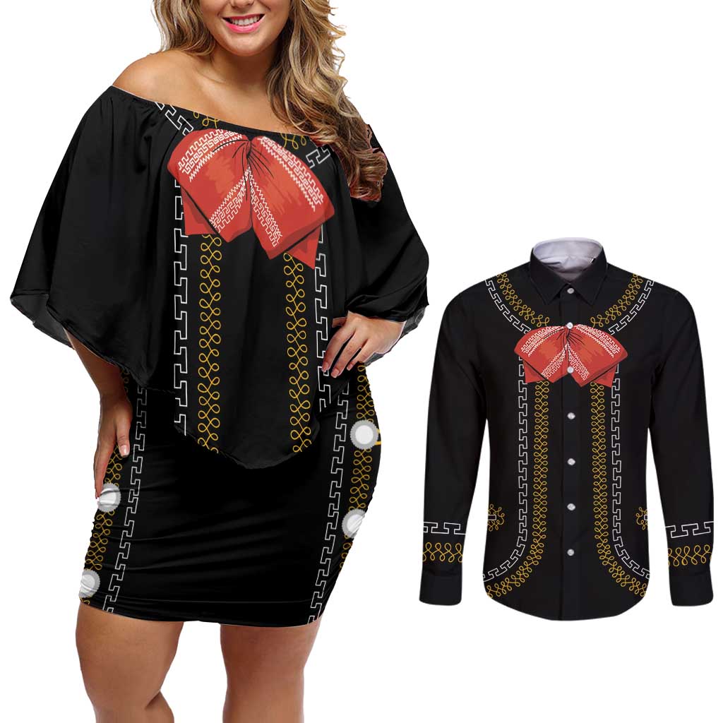 Mexico Mariachi Charro Costume Inpsired Couples Matching Off Shoulder Short Dress and Long Sleeve Button Shirt