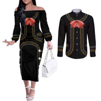 Mexico Mariachi Charro Costume Inpsired Couples Matching Off The Shoulder Long Sleeve Dress and Long Sleeve Button Shirt