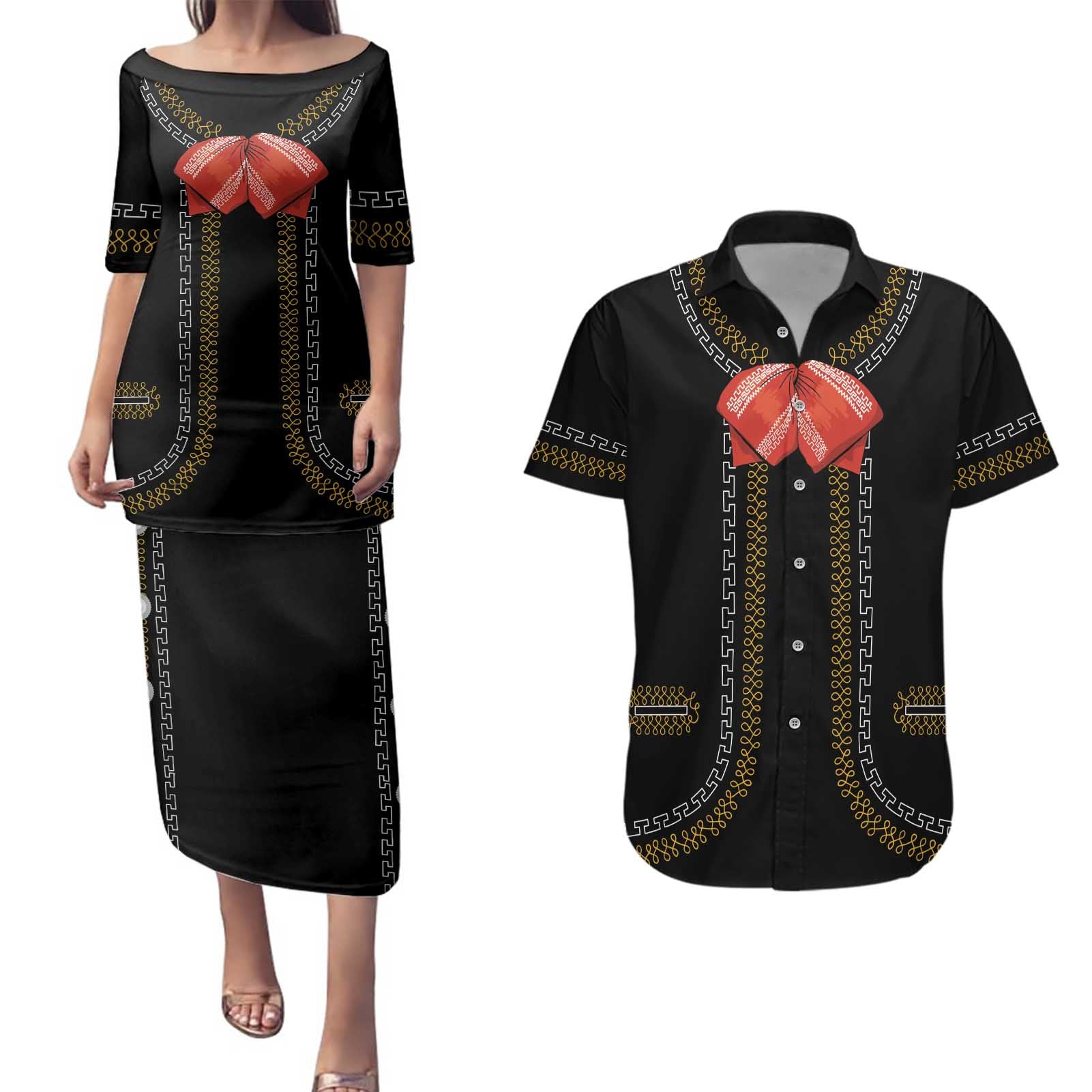 Mexico Mariachi Charro Costume Inpsired Couples Matching Puletasi and Hawaiian Shirt