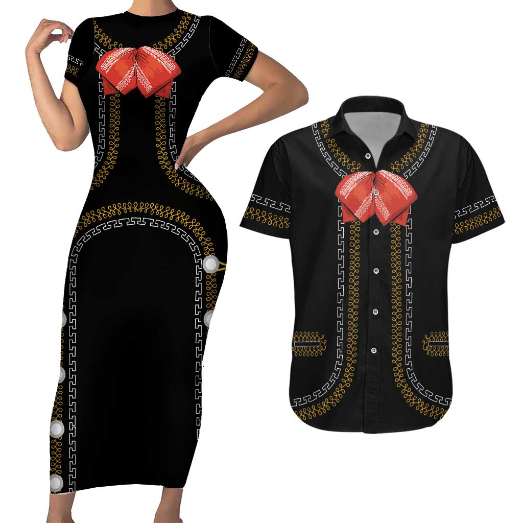 Mexico Mariachi Charro Costume Inpsired Couples Matching Short Sleeve Bodycon Dress and Hawaiian Shirt