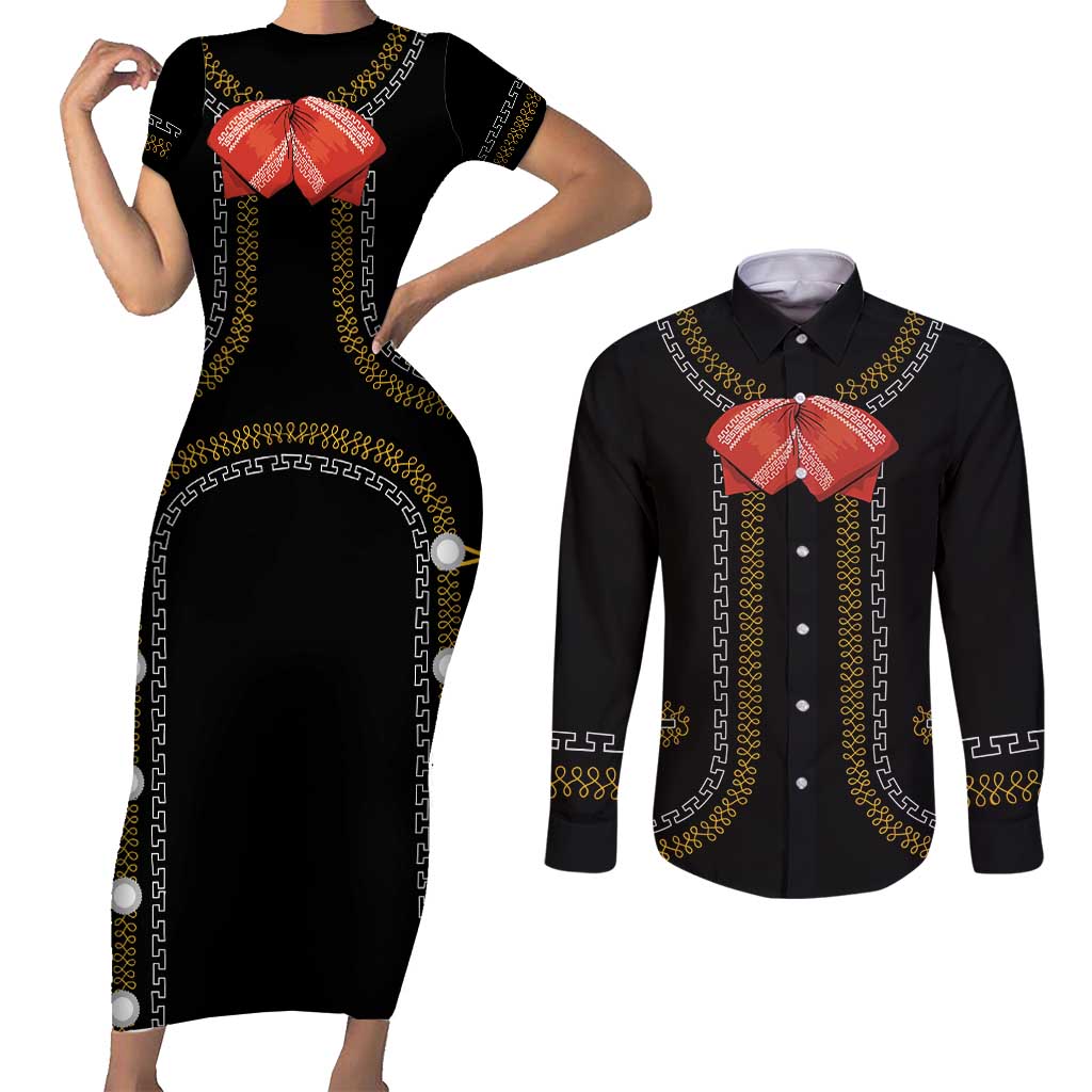 Mexico Mariachi Charro Costume Inpsired Couples Matching Short Sleeve Bodycon Dress and Long Sleeve Button Shirt