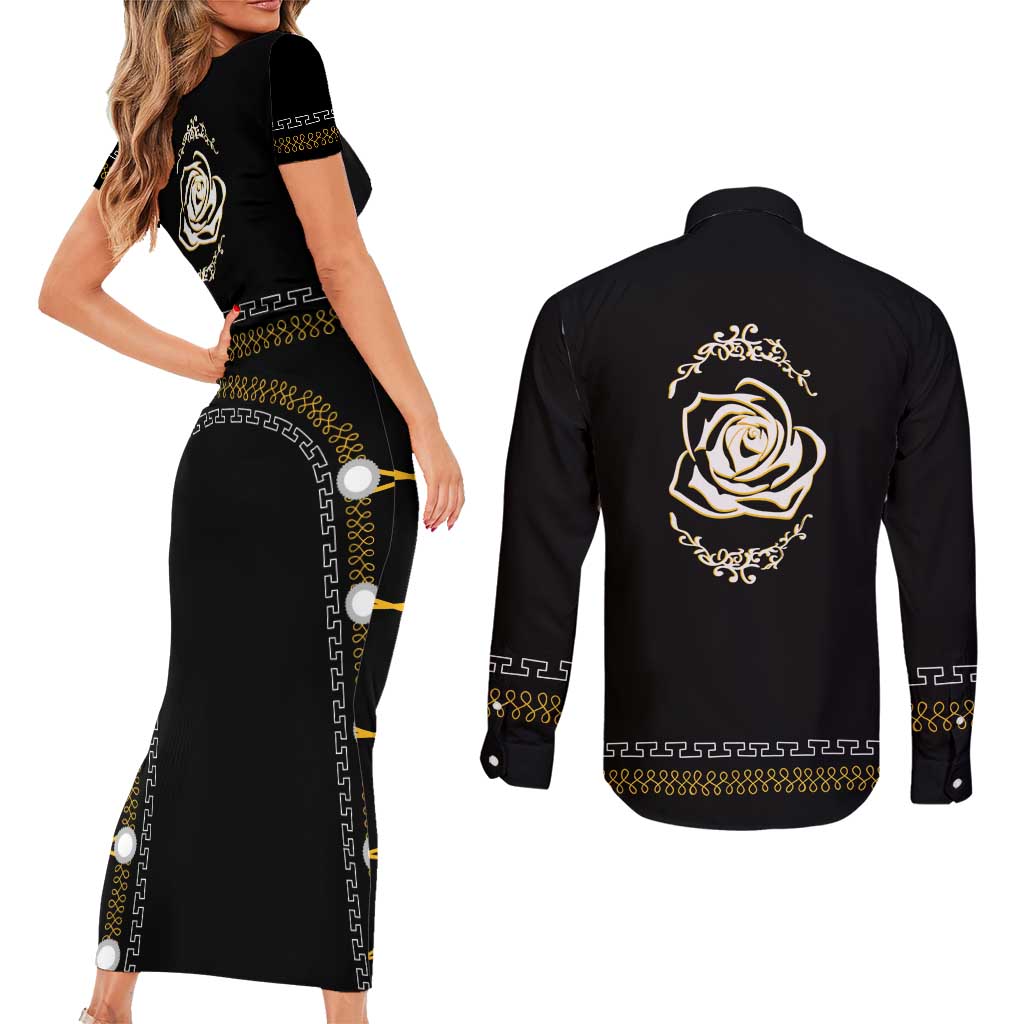 Mexico Mariachi Charro Costume Inpsired Couples Matching Short Sleeve Bodycon Dress and Long Sleeve Button Shirt