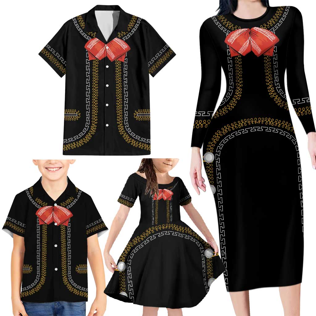 Mexico Mariachi Charro Costume Inpsired Family Matching Long Sleeve Bodycon Dress and Hawaiian Shirt