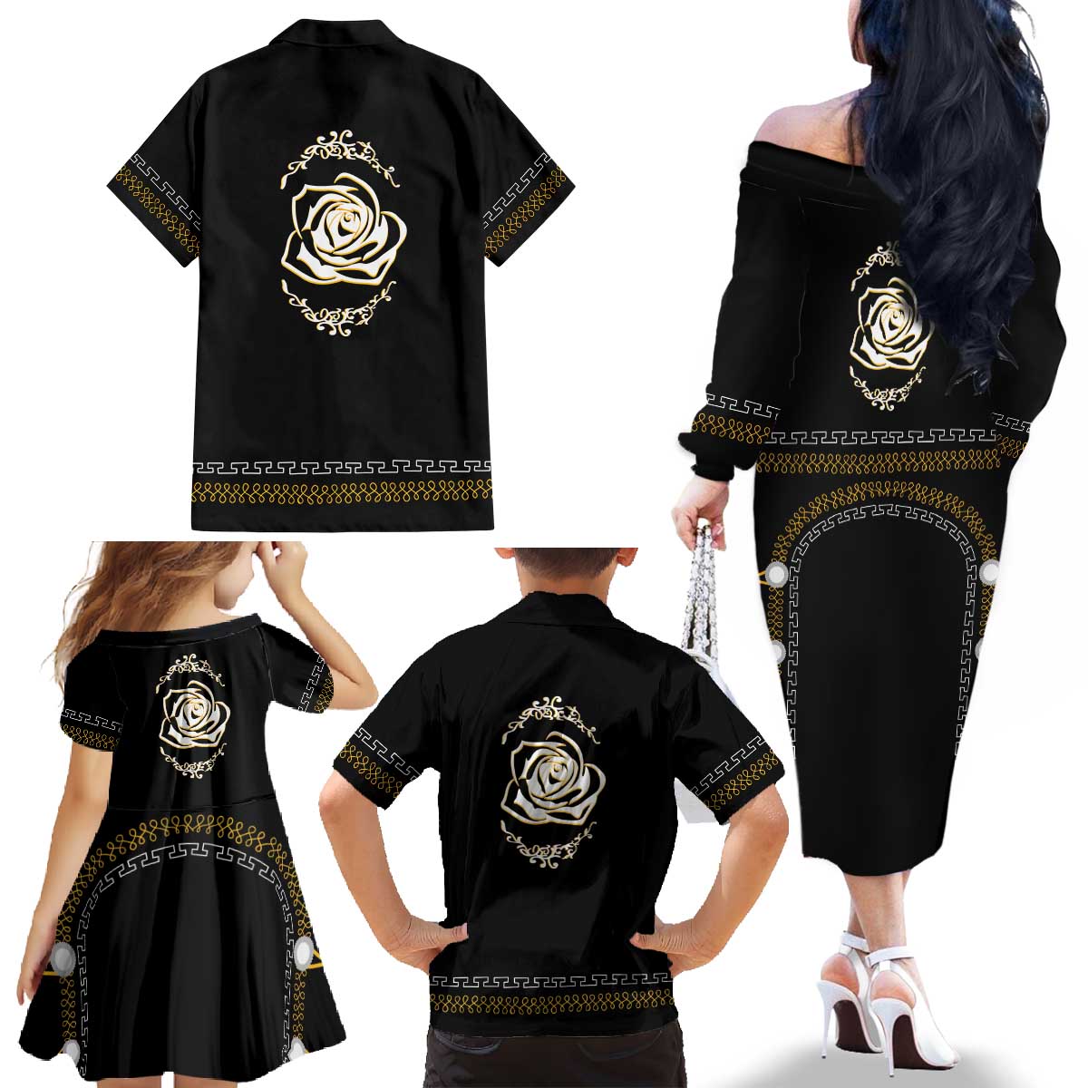 Mexico Mariachi Charro Costume Inpsired Family Matching Off The Shoulder Long Sleeve Dress and Hawaiian Shirt