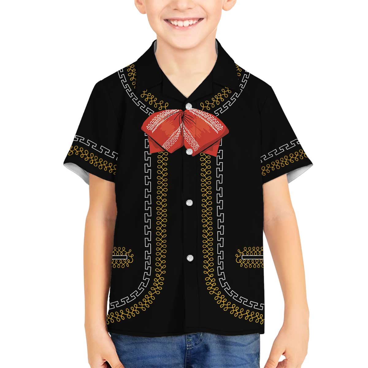 Mexico Mariachi Charro Costume Inpsired Family Matching Off The Shoulder Long Sleeve Dress and Hawaiian Shirt
