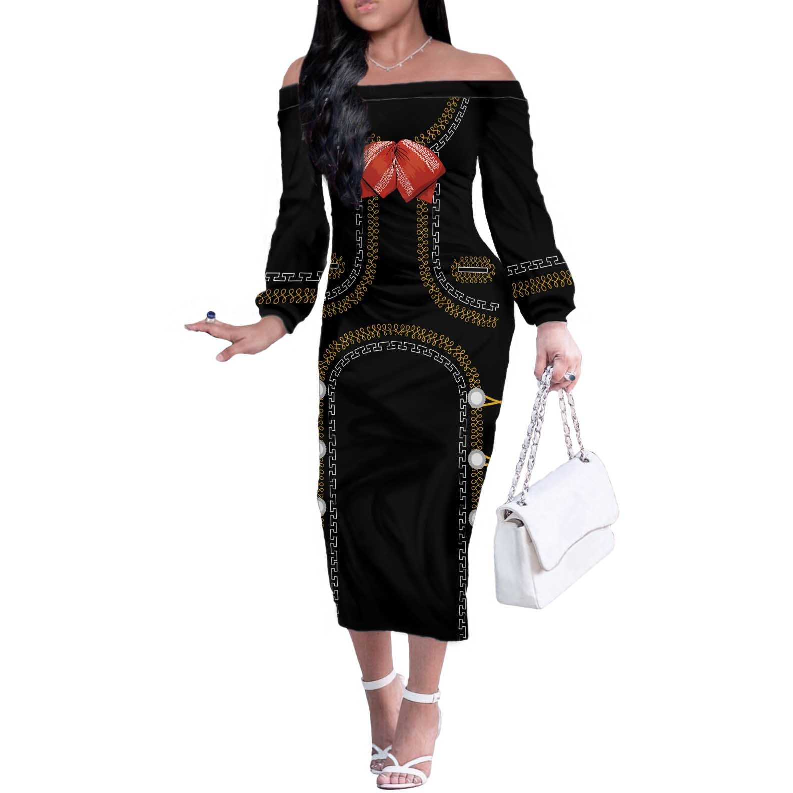Mexico Mariachi Charro Costume Inpsired Off The Shoulder Long Sleeve Dress
