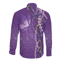 Lupus Awareness Purple Ribbon Butterfly Long Sleeve Button Shirt Hope