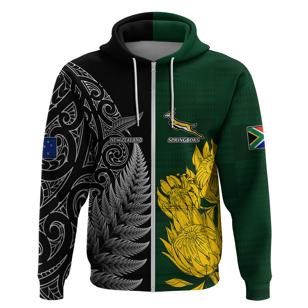 Personalised New Zealand Mix South Africa Rugby Hoodie Protea Vs. Silver Ferns - Wonder Print Shop