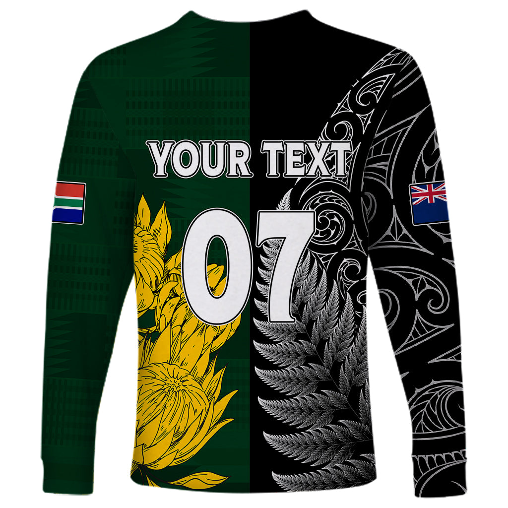 Personalised New Zealand Mix South Africa Rugby Long Sleeve Shirt Protea Vs. Silver Ferns - Wonder Print Shop
