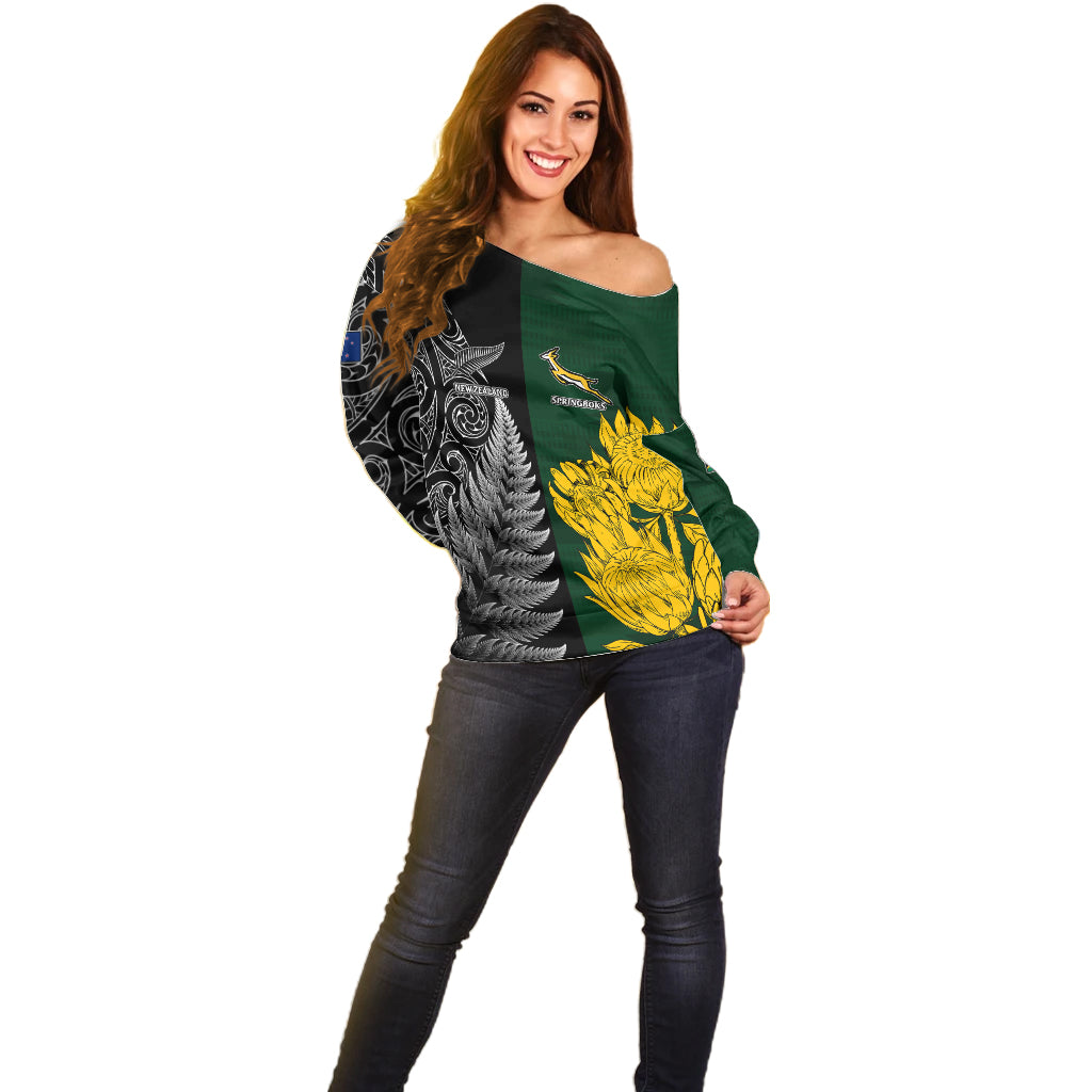 Personalised New Zealand Mix South Africa Rugby Off Shoulder Sweater Protea Vs. Silver Ferns - Wonder Print Shop