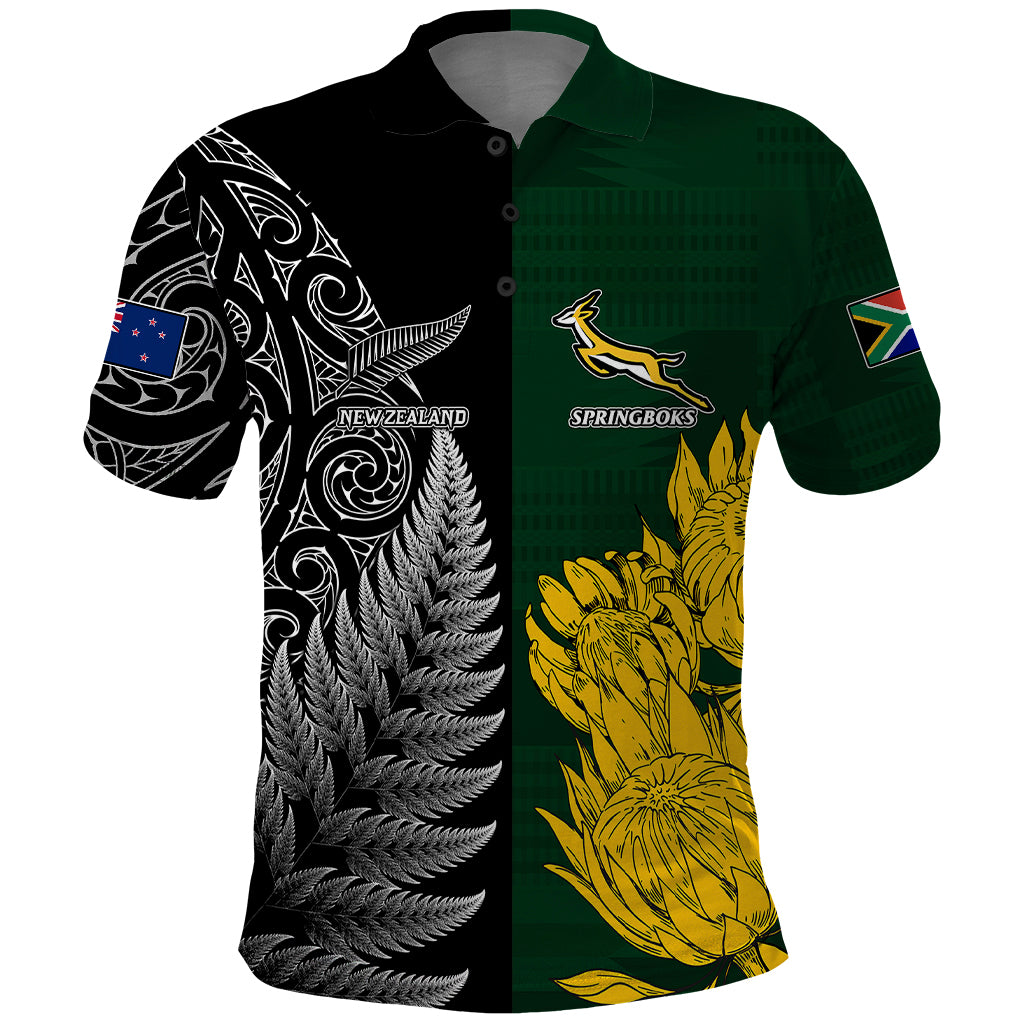 Personalised New Zealand Mix South Africa Rugby Polo Shirt Protea Vs. Silver Ferns - Wonder Print Shop