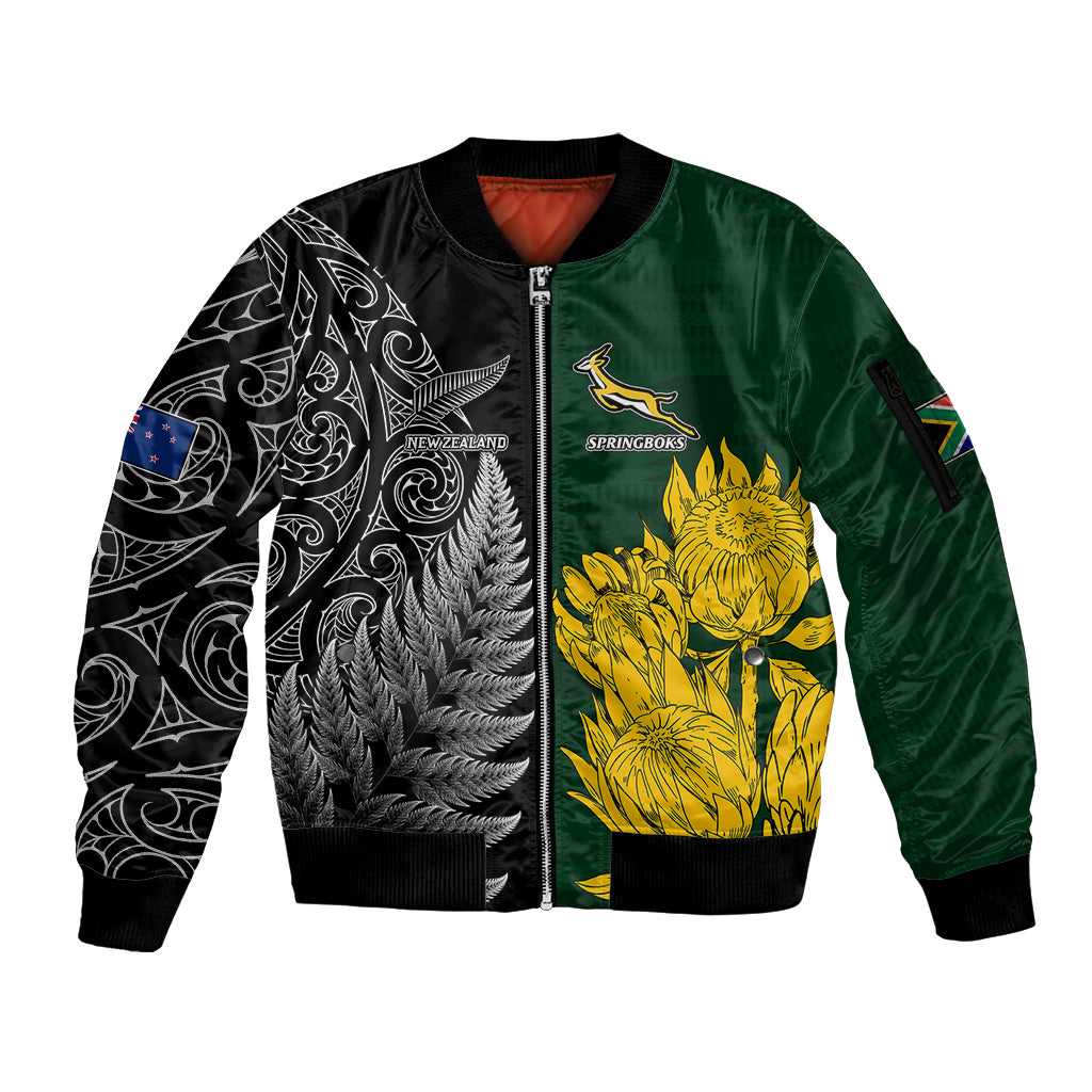 Personalised New Zealand Mix South Africa Rugby Sleeve Zip Bomber Jacket Protea Vs. Silver Ferns - Wonder Print Shop