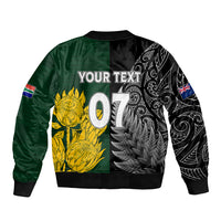 Personalised New Zealand Mix South Africa Rugby Sleeve Zip Bomber Jacket Protea Vs. Silver Ferns - Wonder Print Shop