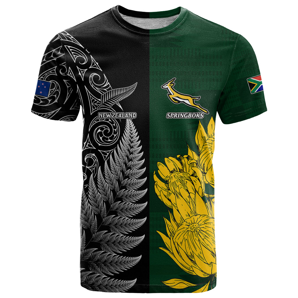 Personalised New Zealand Mix South Africa Rugby T Shirt Protea Vs. Silver Ferns - Wonder Print Shop