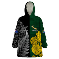 Personalised New Zealand Mix South Africa Rugby Wearable Blanket Hoodie Protea Vs. Silver Ferns - Wonder Print Shop