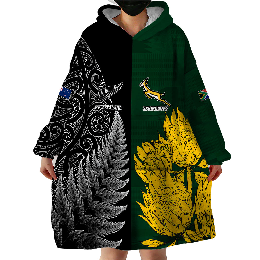 Personalised New Zealand Mix South Africa Rugby Wearable Blanket Hoodie Protea Vs. Silver Ferns - Wonder Print Shop