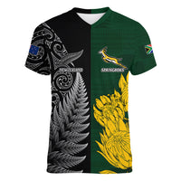 Personalised New Zealand Mix South Africa Rugby Women V Neck T Shirt Protea Vs. Silver Ferns - Wonder Print Shop